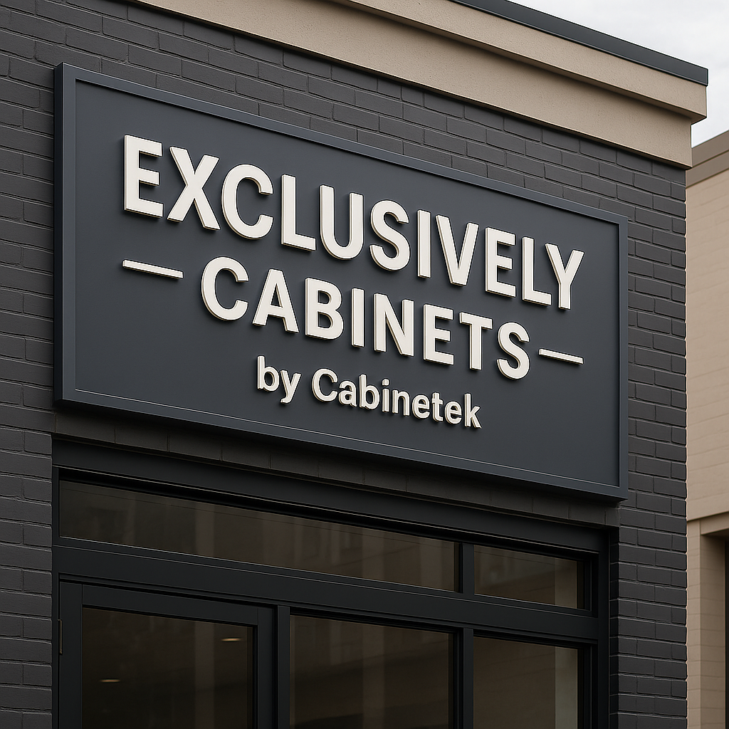 A cabinetry supply showroom storefront located in a shopping center.
